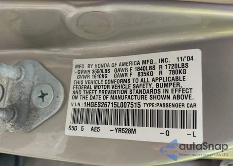 2005 Honda Civic Ex из США, поврежденный, VIN 1HGES26715L007515